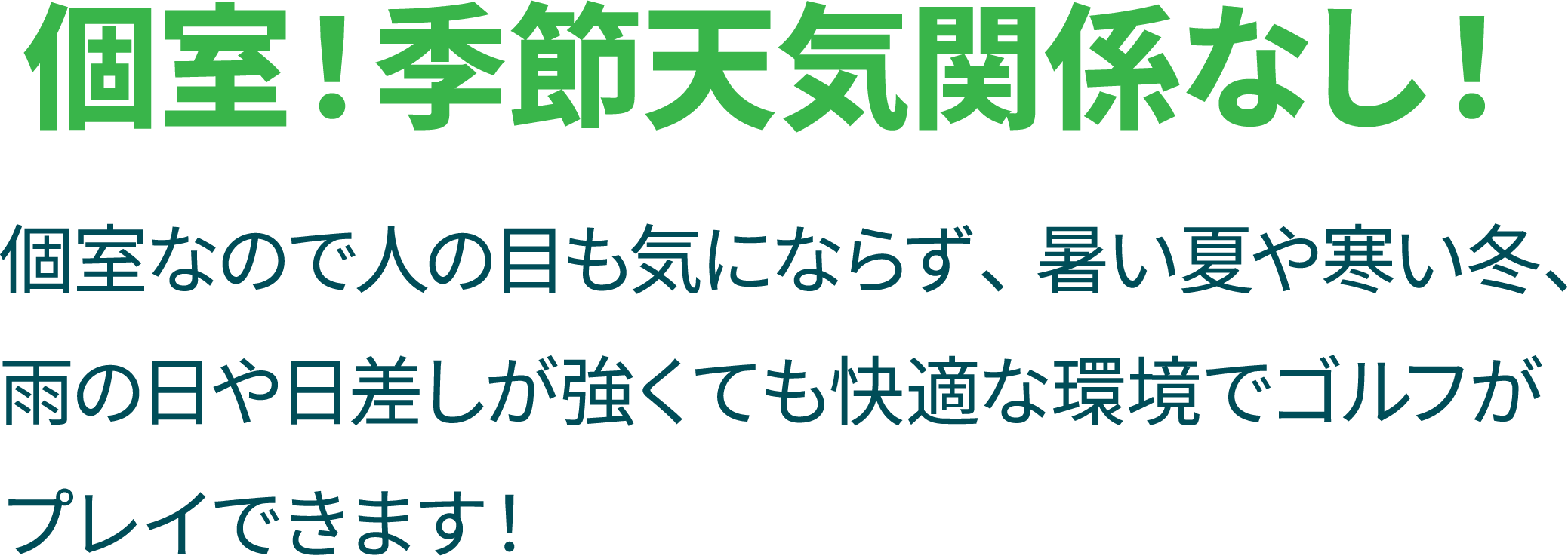 point1の説明文。タイトル「個室!天気関係なし!」 説明「個室なので人の目も気にならず、暑い夏や寒い冬、雨の日や日差しが強くても快適な環境でゴルフがプレイできます！」