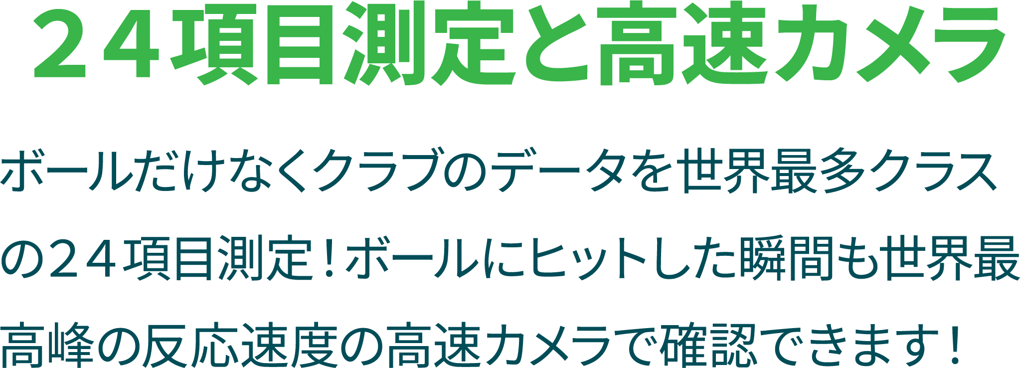 point2の説明文。タイトル「２４項目測定と高速カメラ」 説明「ボールだけなくクラブのデータを世界最多クラスの２４項目測定！ボールにヒットした瞬間も世界最高峰の反応速度の高速カメラで確認できます！」